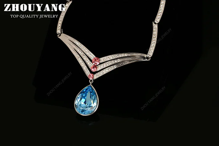ZHOUYANG ZYN566 Silver Color Water Drop Blue Crystal Wedding Necklace with Top Grade Marquise-cut CZ Bridal Necklace