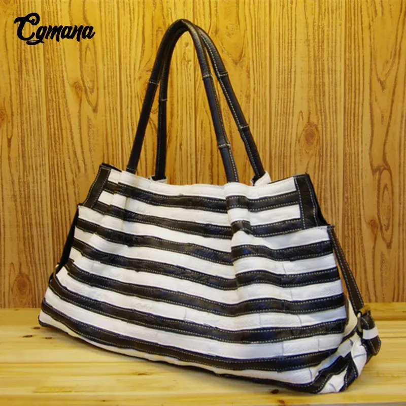 multi Main De Sacs À Véritable Noir Rayé Des Bandoulière Fourre Vache tout blanc Décontracté Couture Mode En 100 Femmes Cgmana Première Peau Cuir Sac wBPYBqa