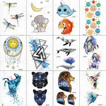 

Funny Women Chest Art Tattoos Fake Stickers Boys Arm Cats Face Stars Tattoos Temporary Little Bird Triangle Whale Tatoos Unicorn