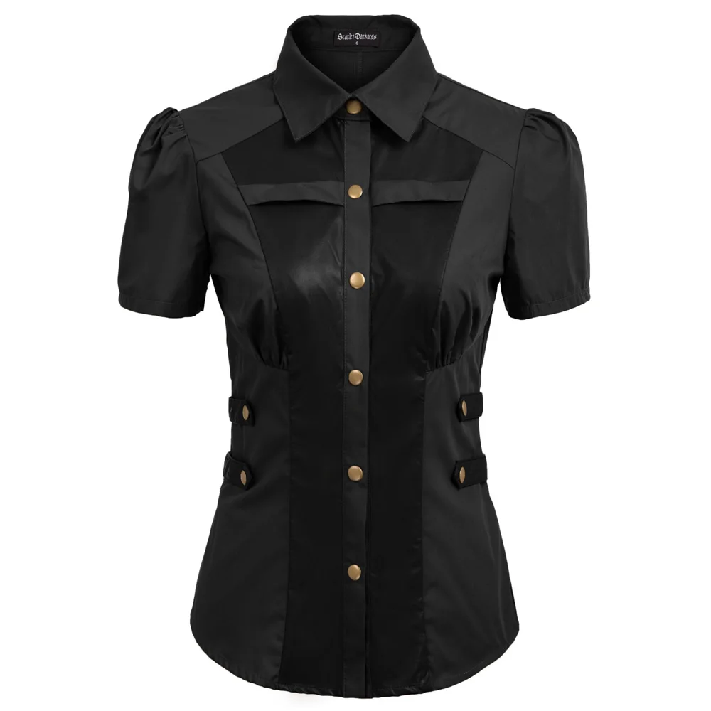 

Women Shirt Vintage Retro Office Lady Blouse Renaissance Steampunk Buttons Short Sleeve Summer Tops Slim