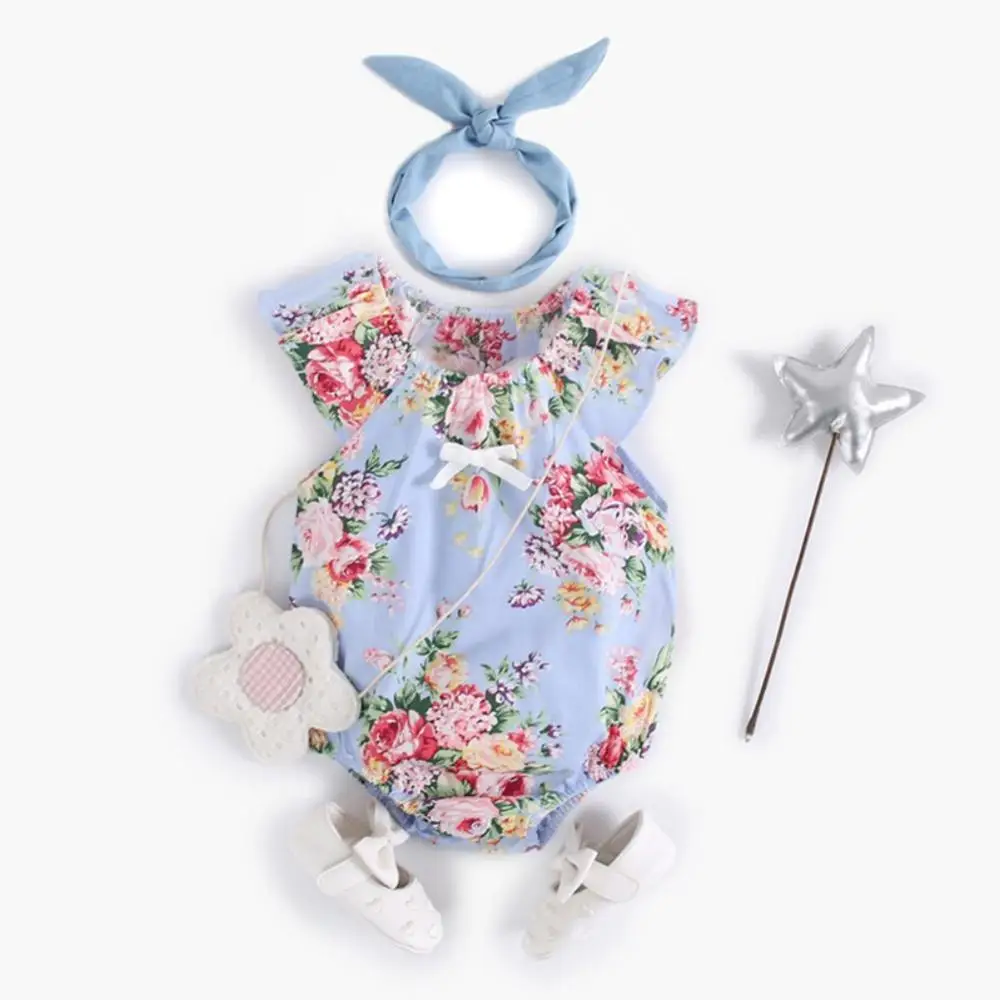 

Summer Newborn Baby Girls Floral Set Flare Sleeve Bodysuit Jumpsuit With Headband 0-3T