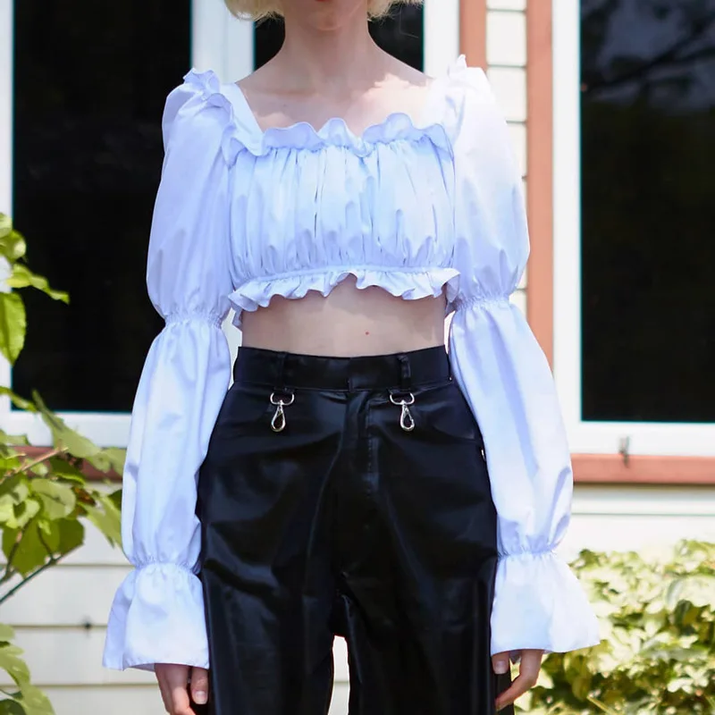 

Summer Vintage Sexy Crop Tops Women White Ruffle Elegant Shirt Long Puff Sleeve Top Tees Kawaii Female Short T-Shirt