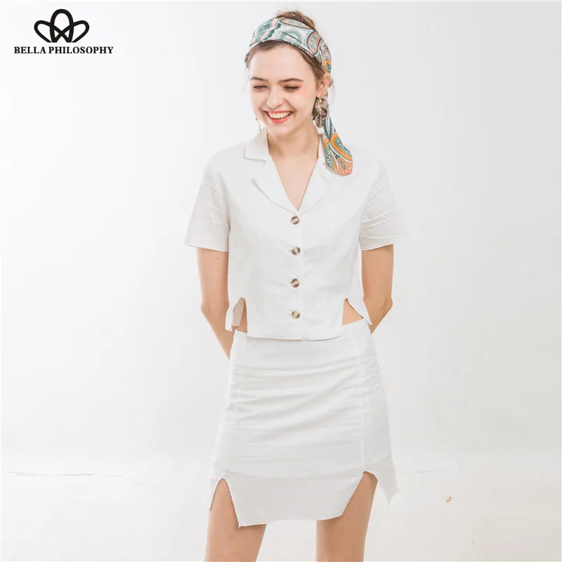 

Bella Philosophy women elegant white crop top shirt buttons notched collar short sleeve cotton blouse short female summer blusas