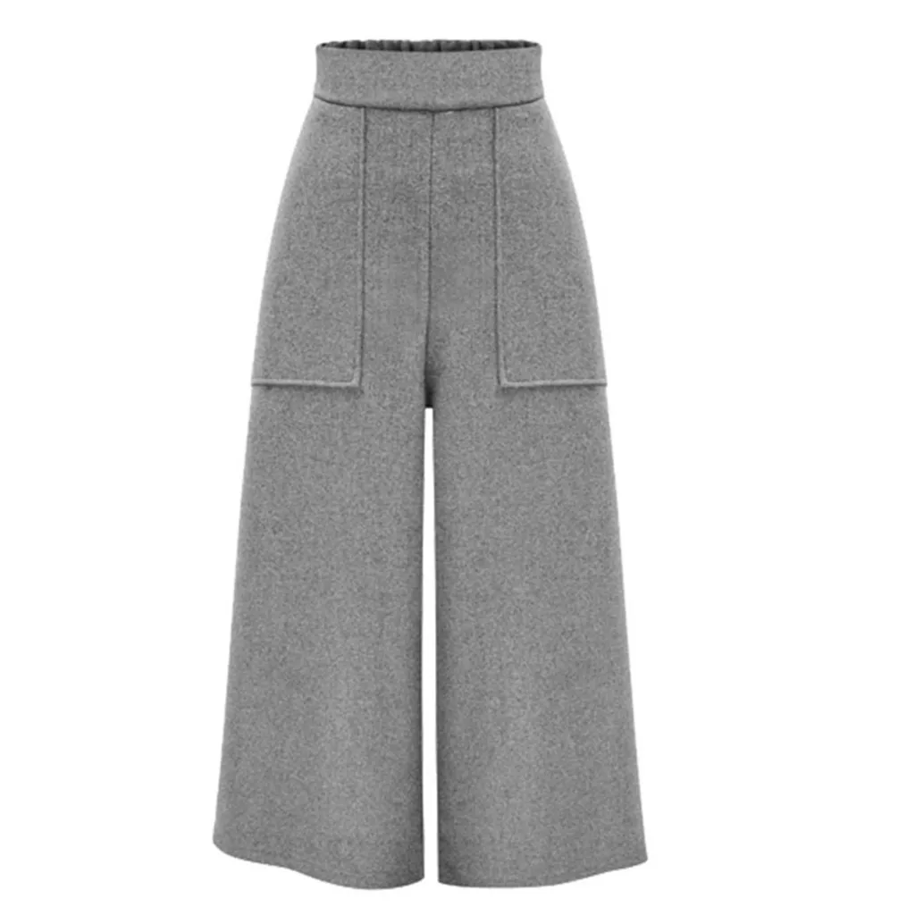 FASHION Winter Women Wool High Waist Straight Pants Casual Wide Leg Trouser PLUS
