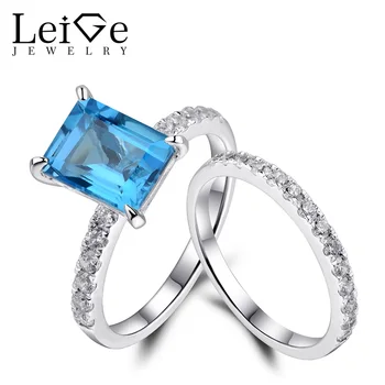 

Leige Jewelry Swiss Blue Topaz Ring 925 Silver Fine Jewelry Wedding Engagement Rings Set for Women Emerald Cut Blue Gemstone