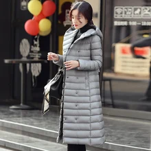 Новинка, модное женское зимнее пальто на утином пуху, двубортное пальто с капюшоном, x-long, тонкое, тонкое, выше колена размера плюс xl