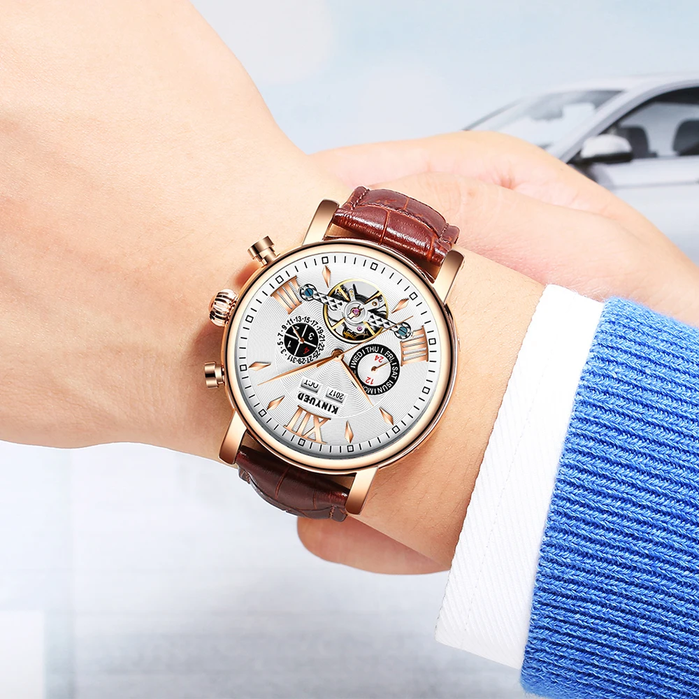 

KINYUED Automatic Mechanical Watch Men Tourbillon Perpetual Calendar Skeleton Mens Wrist Watches Gold Business Relogio Masculino