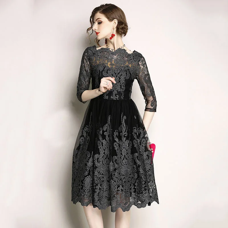 2019 Модное Новое Сетчатое женское платье с вышивкой vestidos de festa modis robe femme тонкий