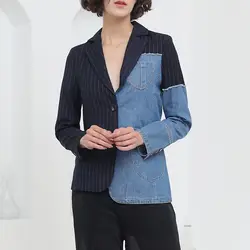2018 Новый Личность полосатый джинсовой шить Блейзер Женский корейской версии нерегулярные свободные Повседневная рубашка; костюм
