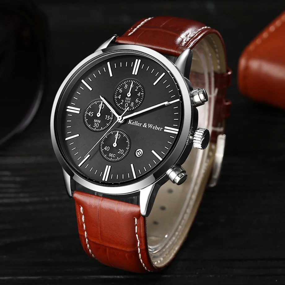 Keller & Weber Mens Watches 30m Waterproof Quartz Business Watches Date Display Genuine Leather Band Relogio Masculino Best Gift (11)