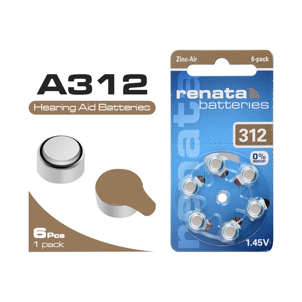 6Pcs ZA312 312A P312 Battery 1.45V For Hearing Aid Zinc Air Button