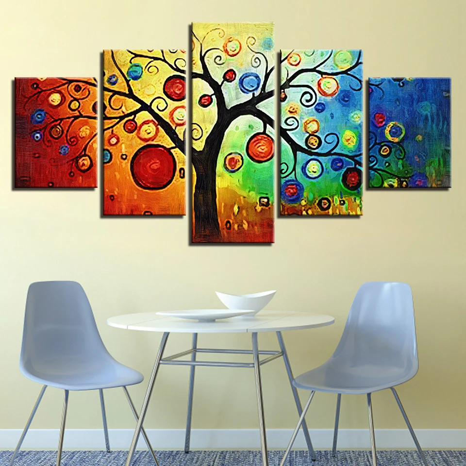 

Canvas HD Prints Pictures Home Decor Wall Art 5 Pieces Color Leaf Trees Paintings Cartoon Tree Abstract Poster Living Room Frame