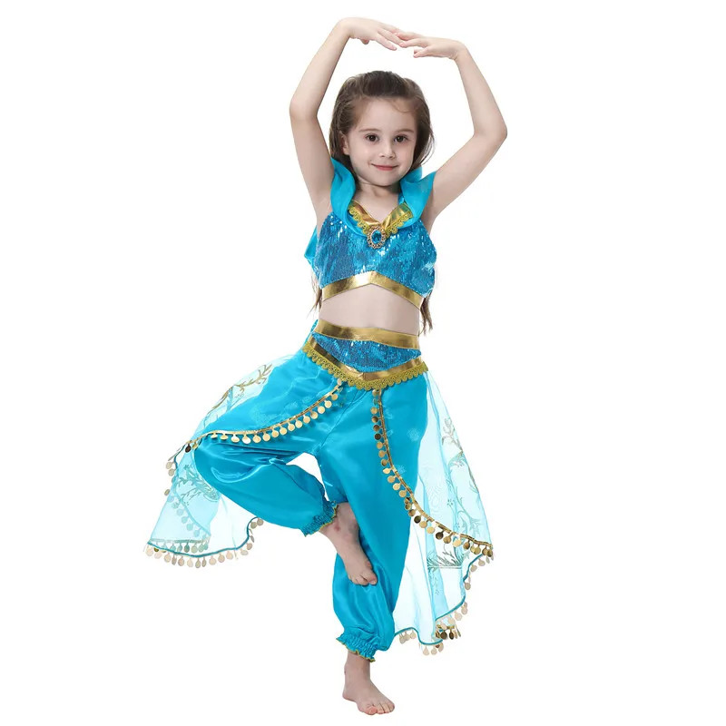 

Indian Princess Belly Dance Costume for Girls Summer Sleeveless Sequined Jasmine Cosplay Clothes set Kids Halloween Party Dress