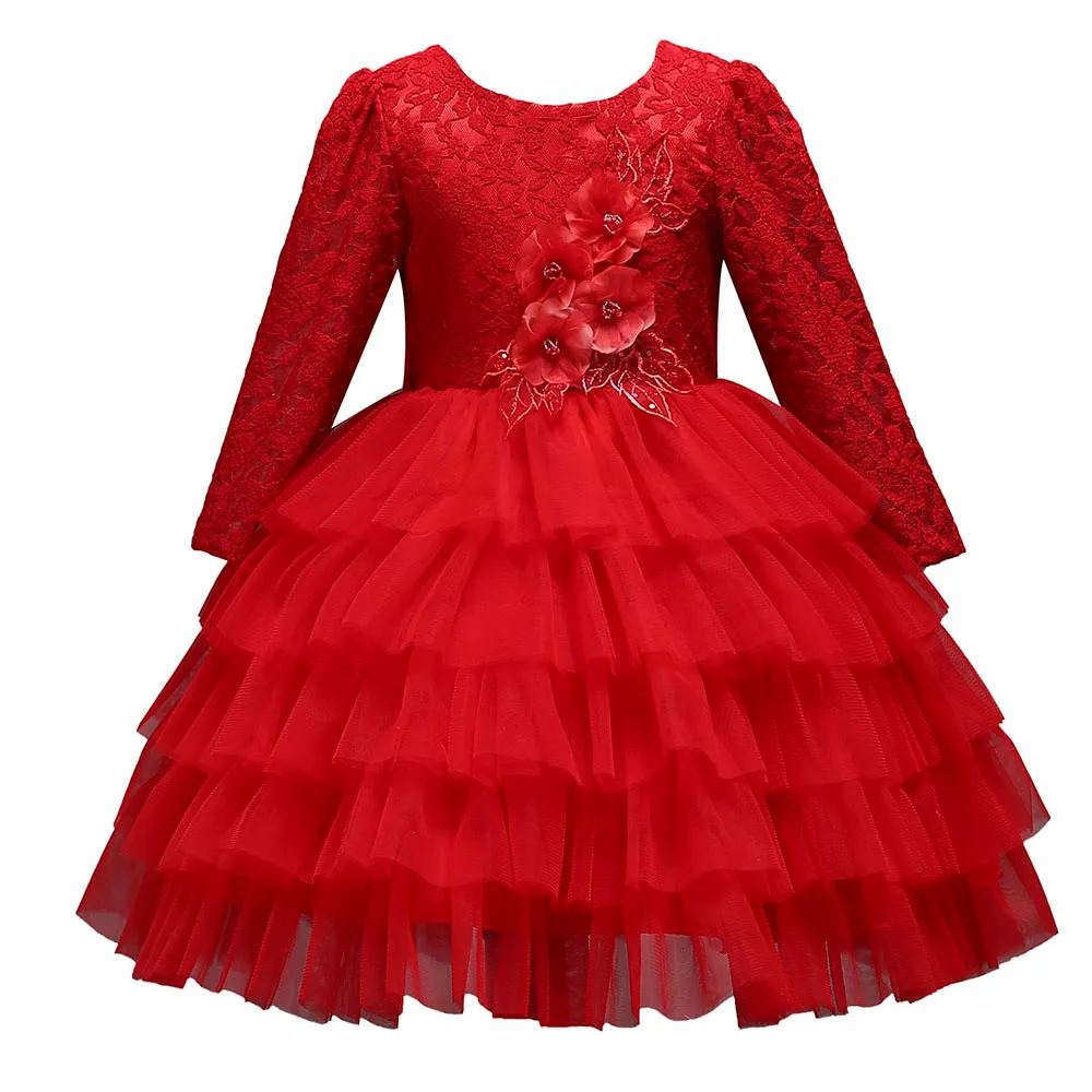 

(18M-5Y) Baby Dress Princess Party Children's Long Sleeve Lace Flower Backless Puff Polyester O-Neck Knee-Length Beauty Dress