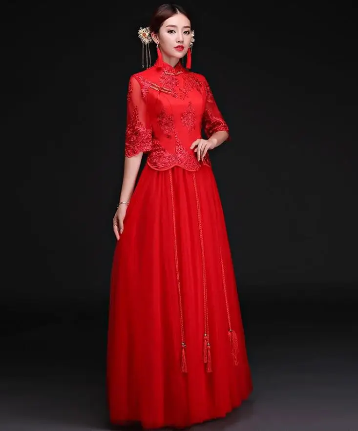 RED C Новое поступление Cheongsam вышитое платье-чанпао женское платье вечернее платье современный китайский свадебное платье невесты традиции Женская Роба в восточном стиле - Цвет: RED C
