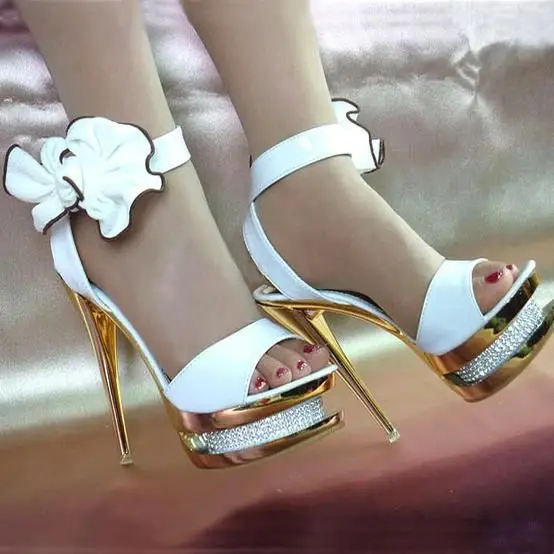 

Flowers White Open Toe Gold High Heel Fashion New Women Shoes Buckle Gladiator Luxury Dress Party Shoes Hot Selling Best Quality