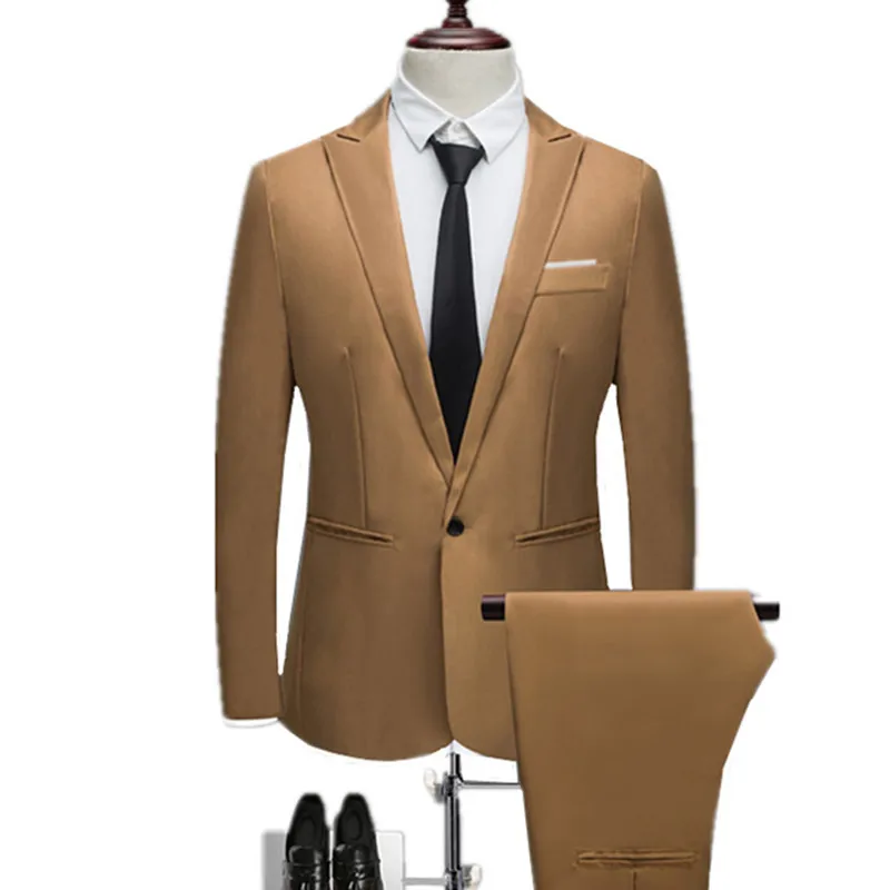 Блейзеры+ брюки комплект из 2 предметов/ модный мужской повседневный деловой костюм приталенные одноцветные костюмы куртка пальто брюки