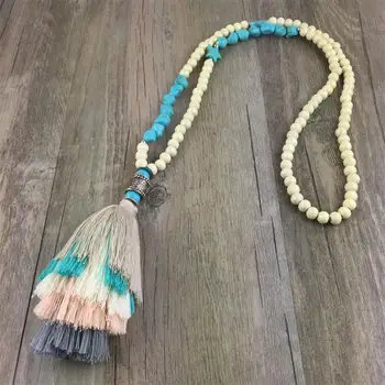

Natural Stone Wood Beads Multi Tassel Pendant Long Chain Tiered Threaded Tassel Necklace