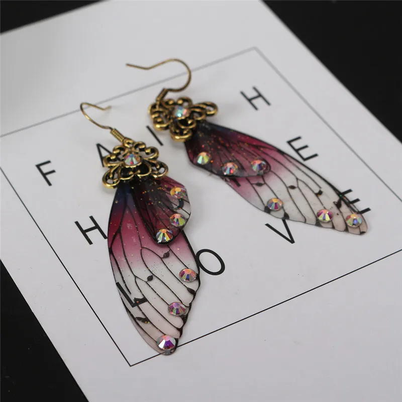 

Fashion Handmade Femme Wing Drop Earrings Gold Color Fairy Tale Cicada Wings Earrings Rhinestone Purple Earrings Vintage Jewelry