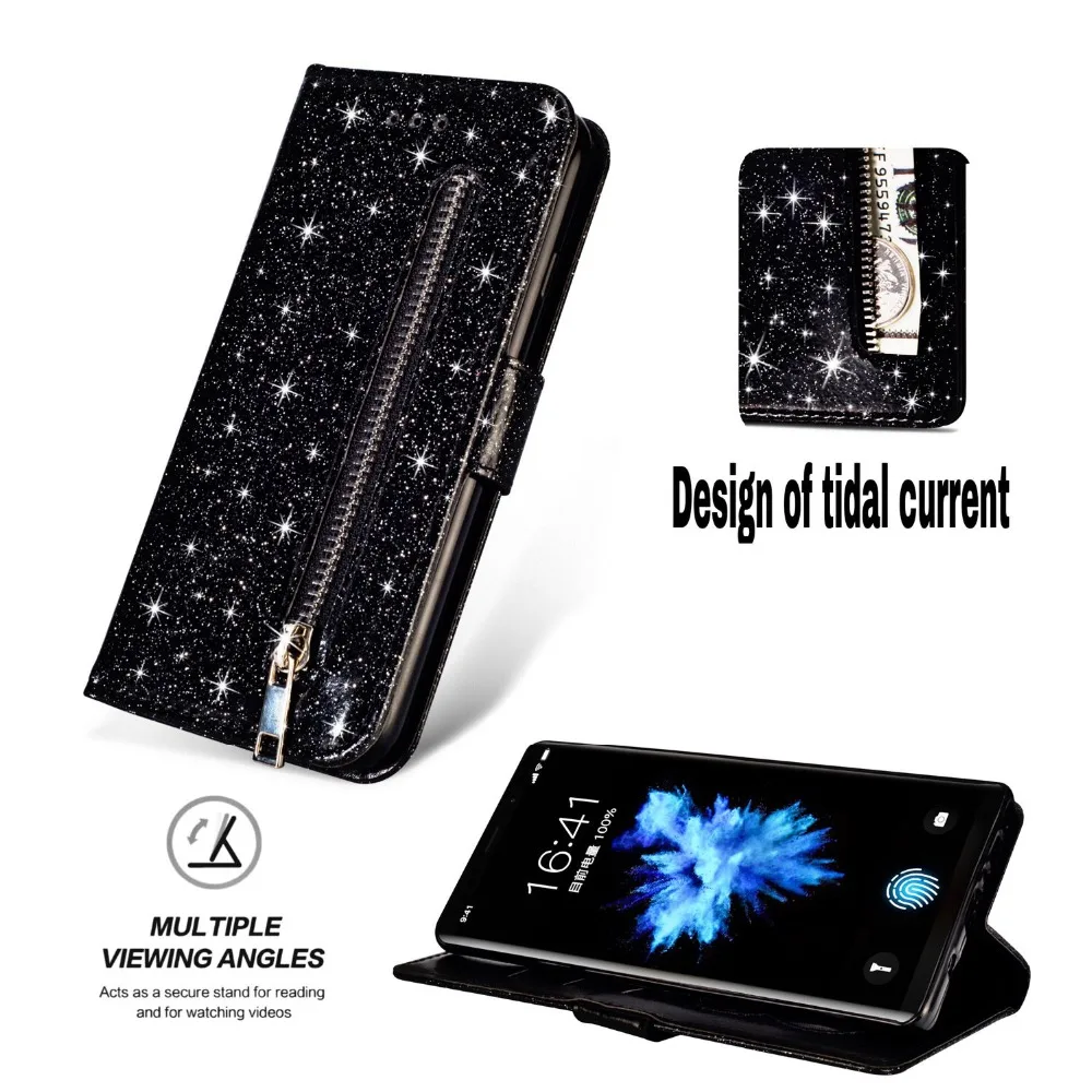 Glitter Zipper Phone Cases For Samsung Galaxy note 9 8 S9 S8 plus s7 S6 edge A5 J3 J7 2017 J3 J4 J6 J7 A6 PLUS 2018 Leather Case