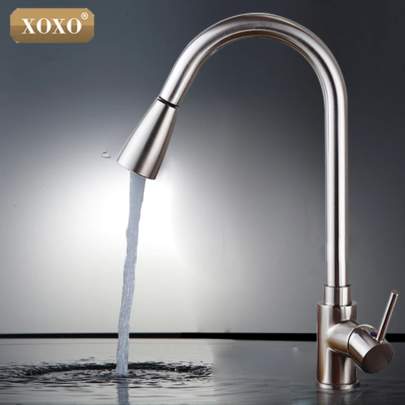 XOXO Deluxe Pull out Spray Kitchen Faucet Mixer Tap Pullout Sprayer Kitchen Faucet SATIN NICKEL BRU - 32769724148