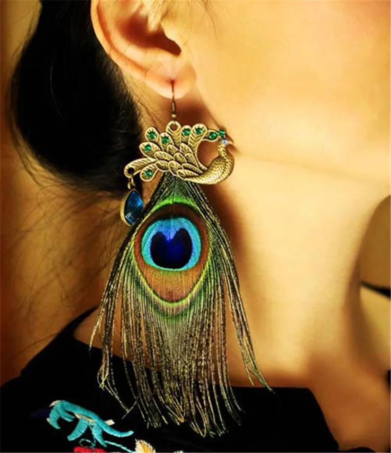 Женские серьги с перьями павлина зеленый и медный цвет опт BD002|peacock feather earrings|feather