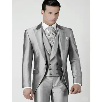 

2020 terno slim fit Silver Prom Groom Mens Suit Tuxedos Jacket+Pants+Vest Custom Made Wedding Suits For Men Groomsmen Suits