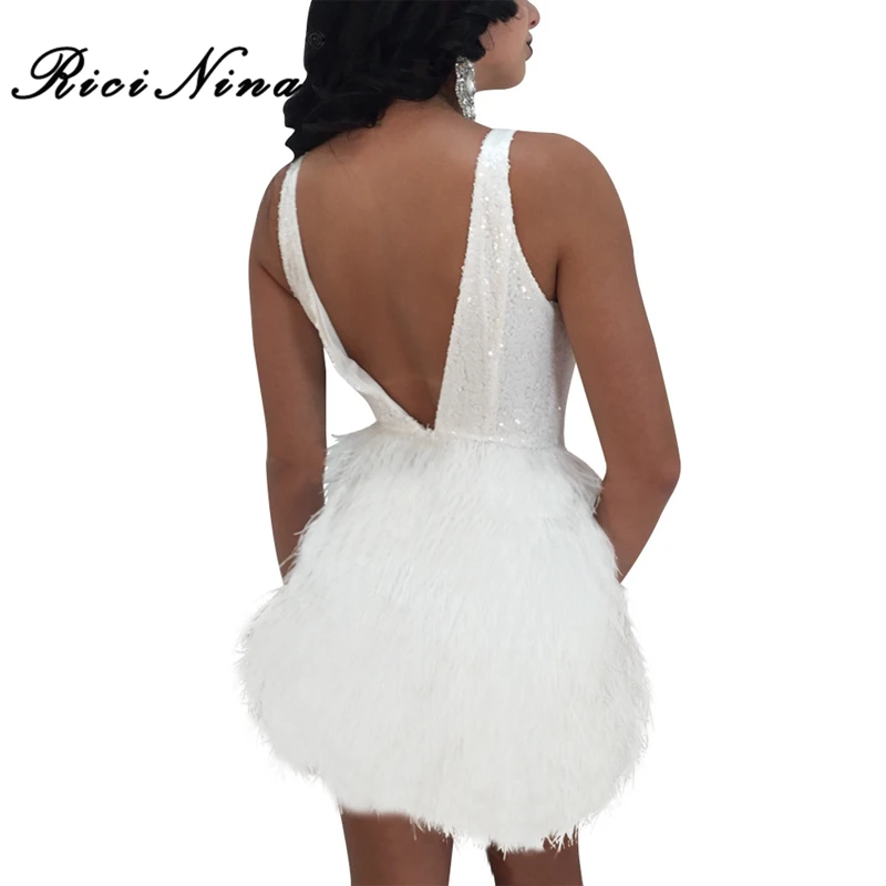 RICININA 2019 Woman Dress Ladies Deep V-neck Backless Spaghetti Strap Feathers Bodycon Mini Dresses Women Sexy Party Beach Dress