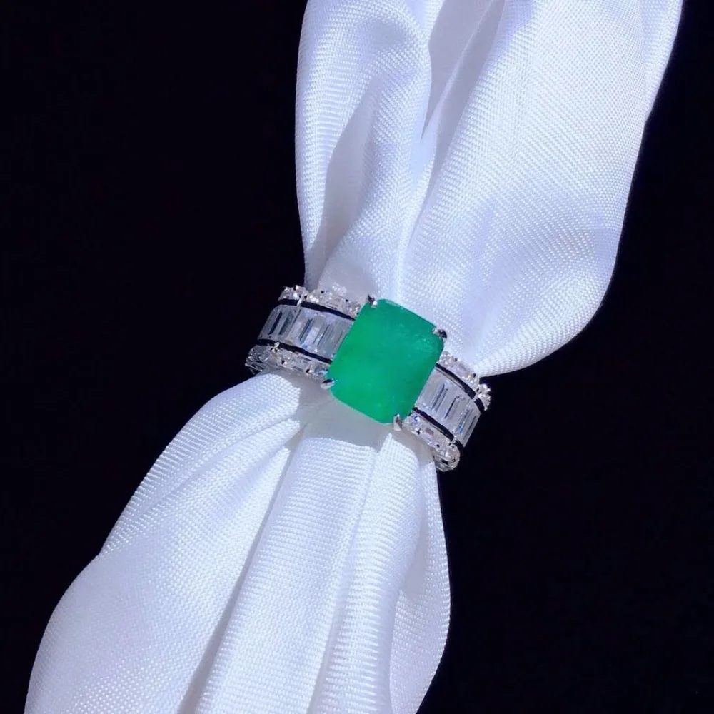 Qi Xuan_Green кольцо S925 посеребренное Белое золото аксессуары для женщин зеленый циркон прямоугольное кольцо элегантный темперамент