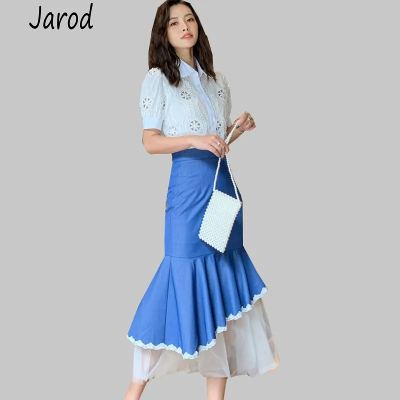 

Runway Designer Sexy Hollow out Embroidery Woman White Sets short Sleeve shirt Tops +Denim Ruffles Patchwork mesh Skirt Suit