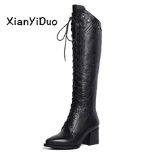 Xianyiduo зимние Для женщин сапоги с голенищем до колена, высокие сапоги на молнии для верховой езды ботинки в стиле наездника острый носок; высокий каблук, черные, с заклепками, на платформе больших Размеры US10/318