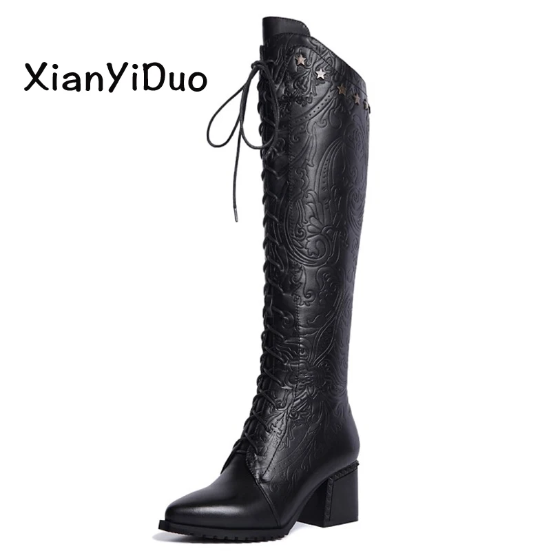 Xianyiduo/зимняя женская обувь сапоги до колена на молнии для верховой езды с острым