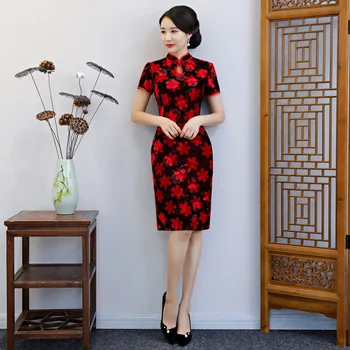 

2020 New Sexy Print Women Flower Qipao Handmade Button Velvet Dress Short Sleeve Chinese Mandarin Collar Cheongsam M-4XL