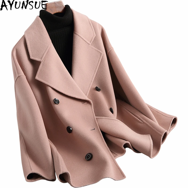 

AYUNSUE 2019 Winter Fashions Women Wool Coat Pink Cashmere Female Jacket Double Breasted Short Wool Coats Outerwear 38007LW354