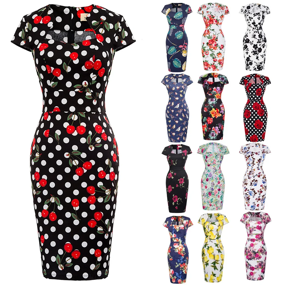 Grace Karin Dresses Retro Vintage Cotton Hips-Wrapped knee length floral polka dot slim party Bodycon Pencil Dress women vestido ► Photo 3/6