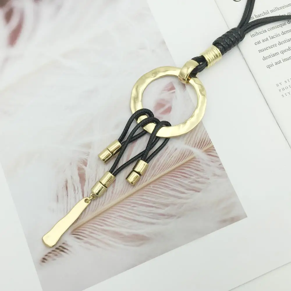 

Fashion Alloy Circle Pendant Necklace Long Black Rope Chain Jewelry Party Tassel Necklaces Gold/Silver Colors