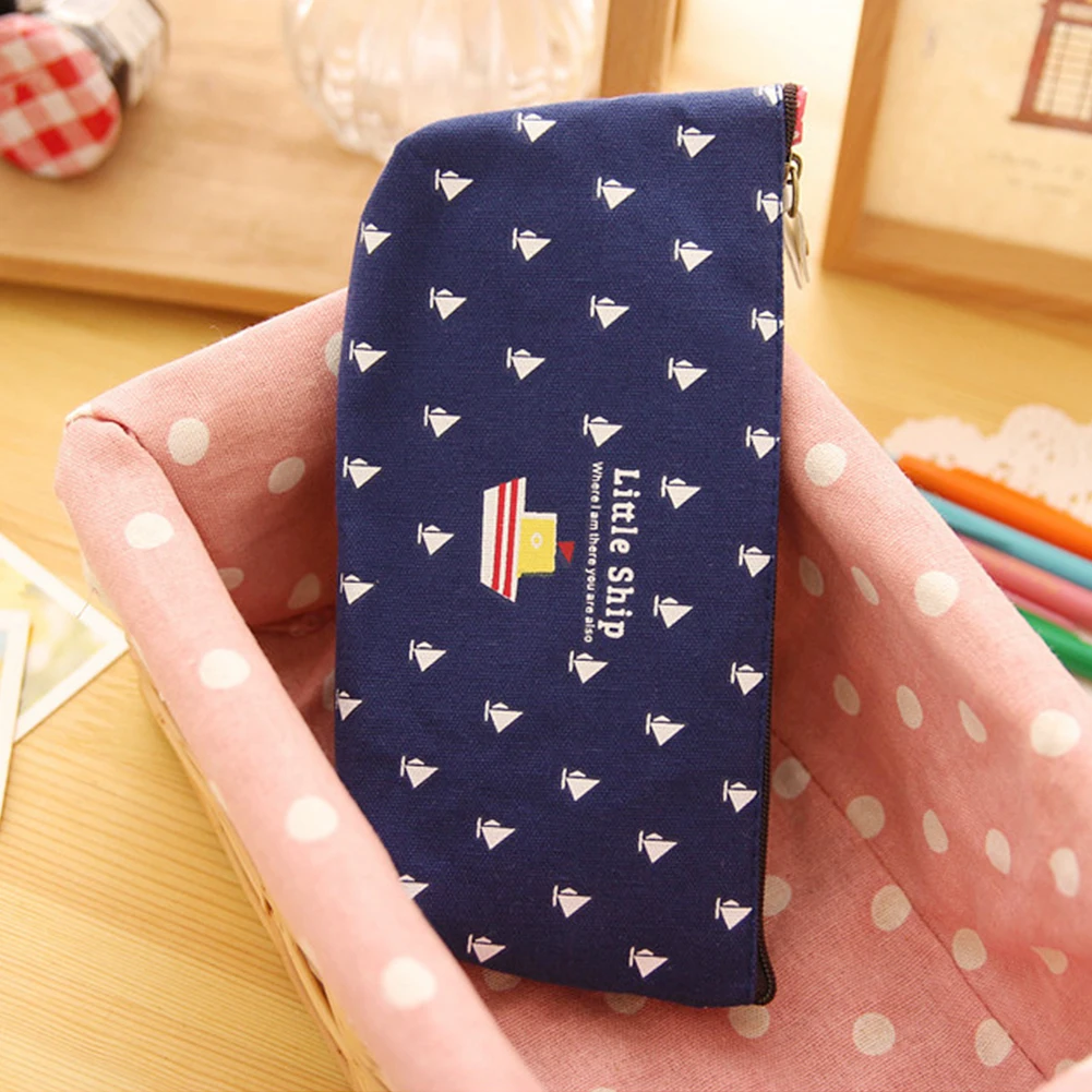 Women Cartoon Cosmetic Bag Canvas Little Ship Owl Dolphin Cute Zipper Pencil Case Stationery Make Up Storage Pouch Pen Bag Hot - Цвет: blue