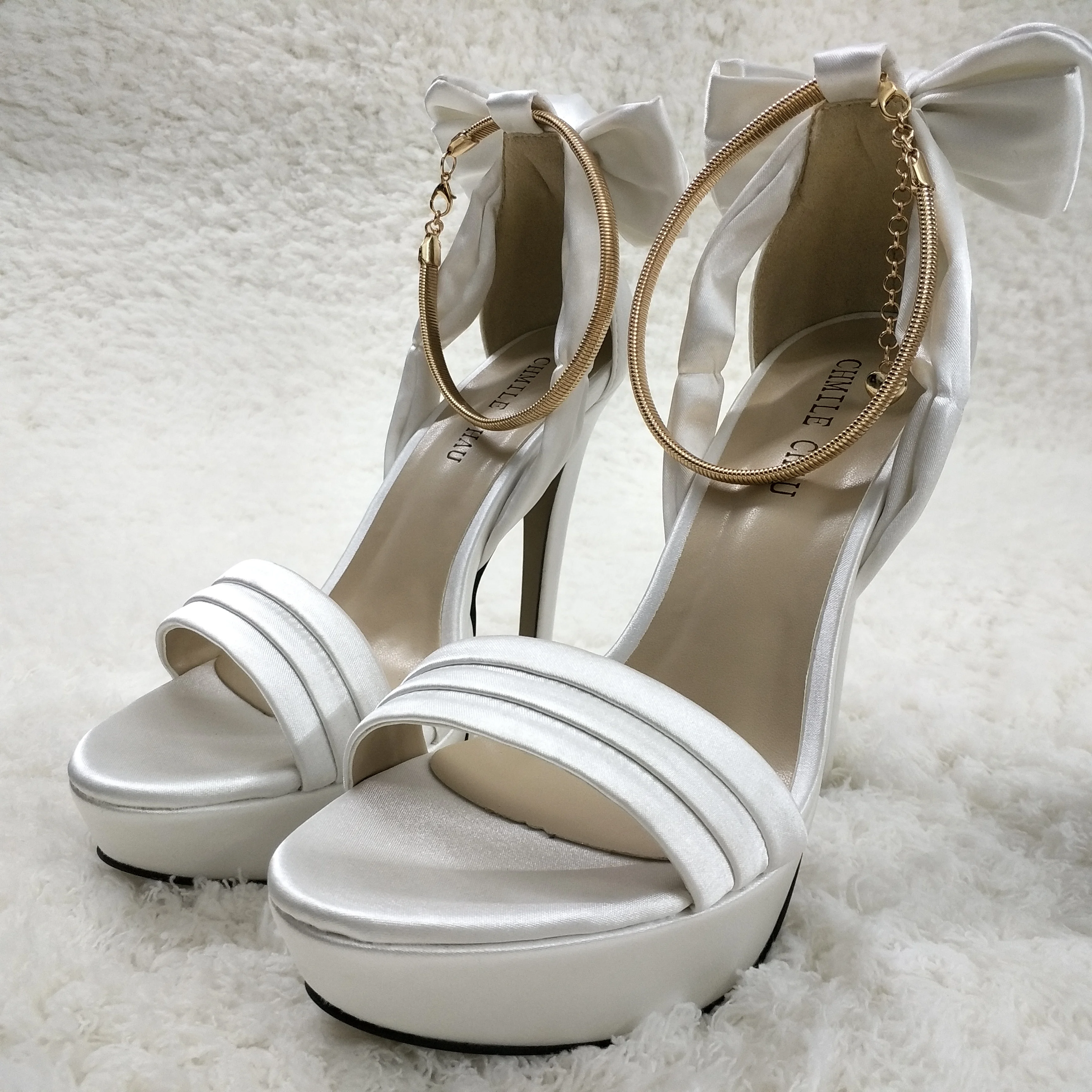 

Women Stiletto High Heel Sandal Sexy Iron Chain Open Toe Platform Bowing Ivory Satin Wedding Bridals Party Lady Shoe 3463SL-f
