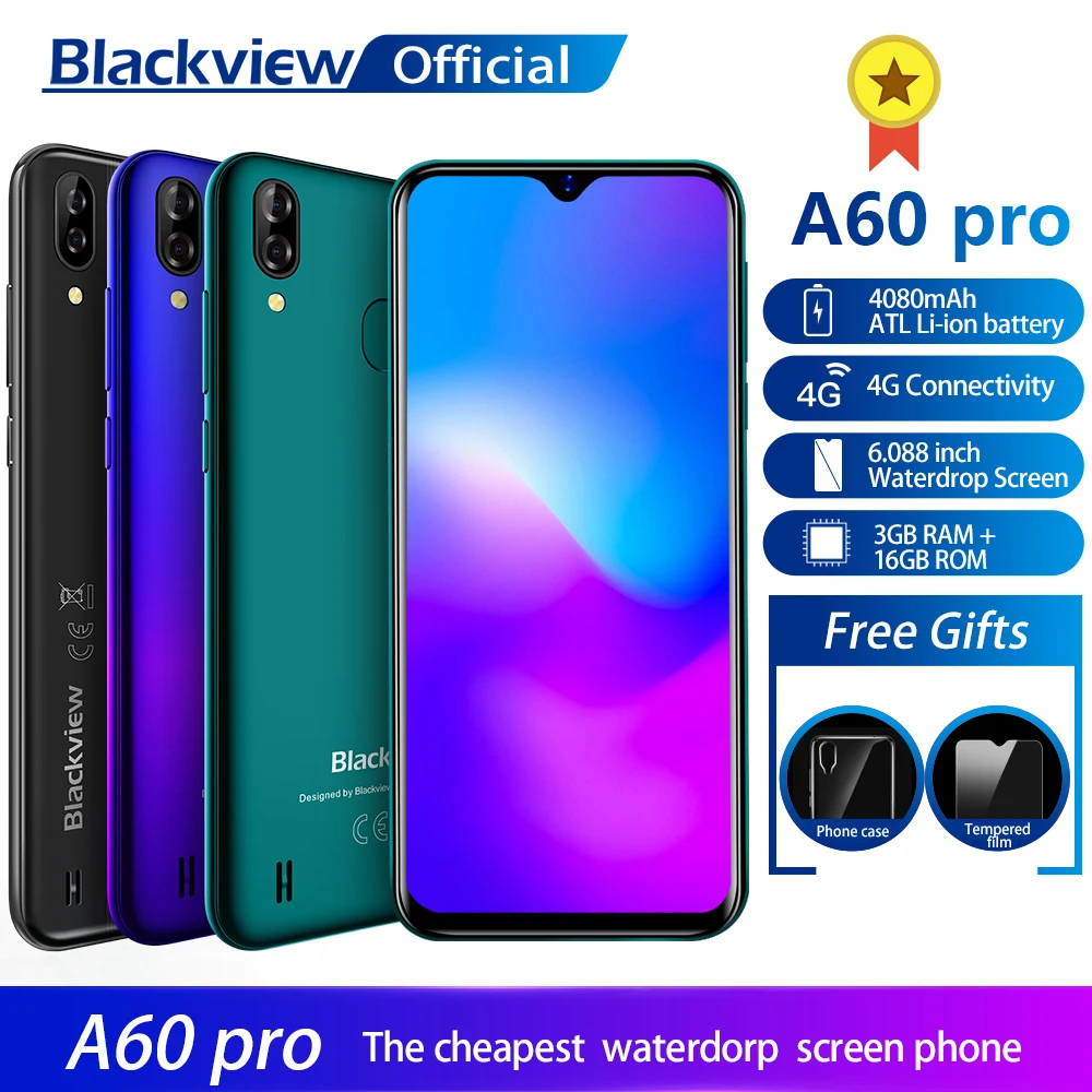 

Blackview A60 Pro Smartphone MTK6761 Quad Core Android 9.0 4080mAh Cellphone 3GB+16GB Waterdrop Screen Face ID 4G Mobile Phone