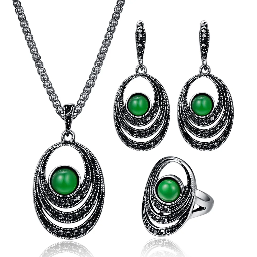Vintage Crystal Wedding Jewelry Sets For Women Antique Silver Green