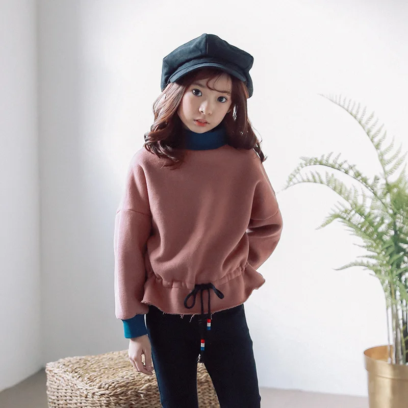 Autumn Winter New Spell Color Stitching Girls Hoodies Pullover Loose Thick Warm Tracksuits Casual High Neck Sweatshirt CA467