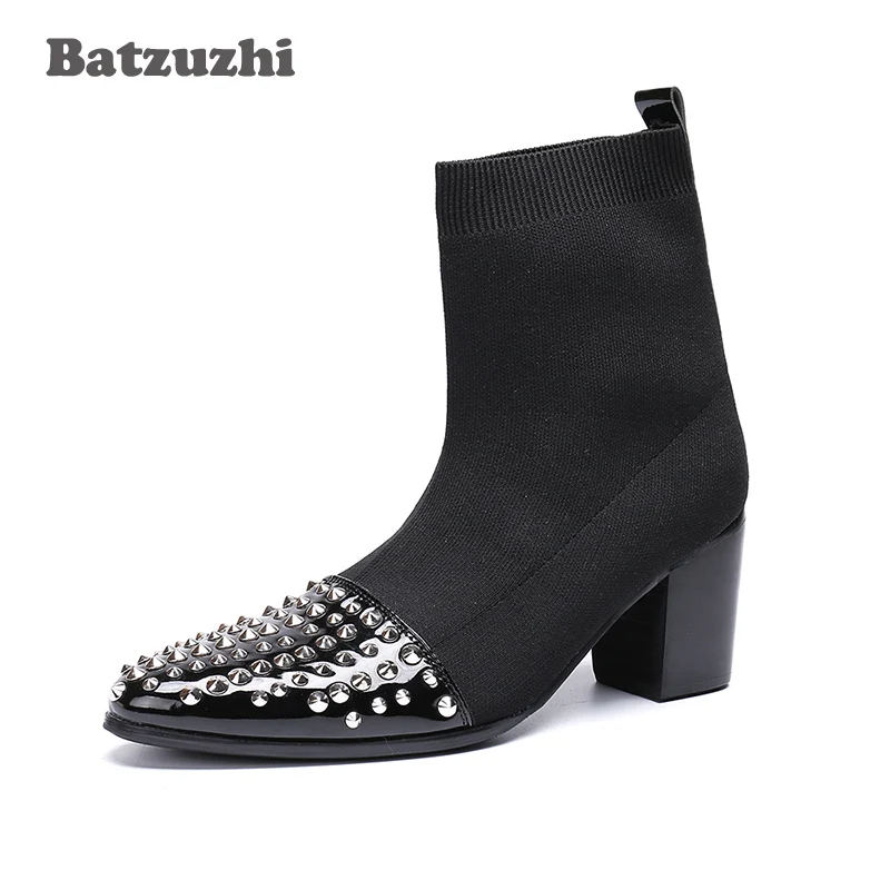 

Batzuzhi 7cm High Heels Boots Men Black Ankle Boots Stretch Fabric Pointed Toe with Rivets Botas Hombre Party Motorcycle Boots