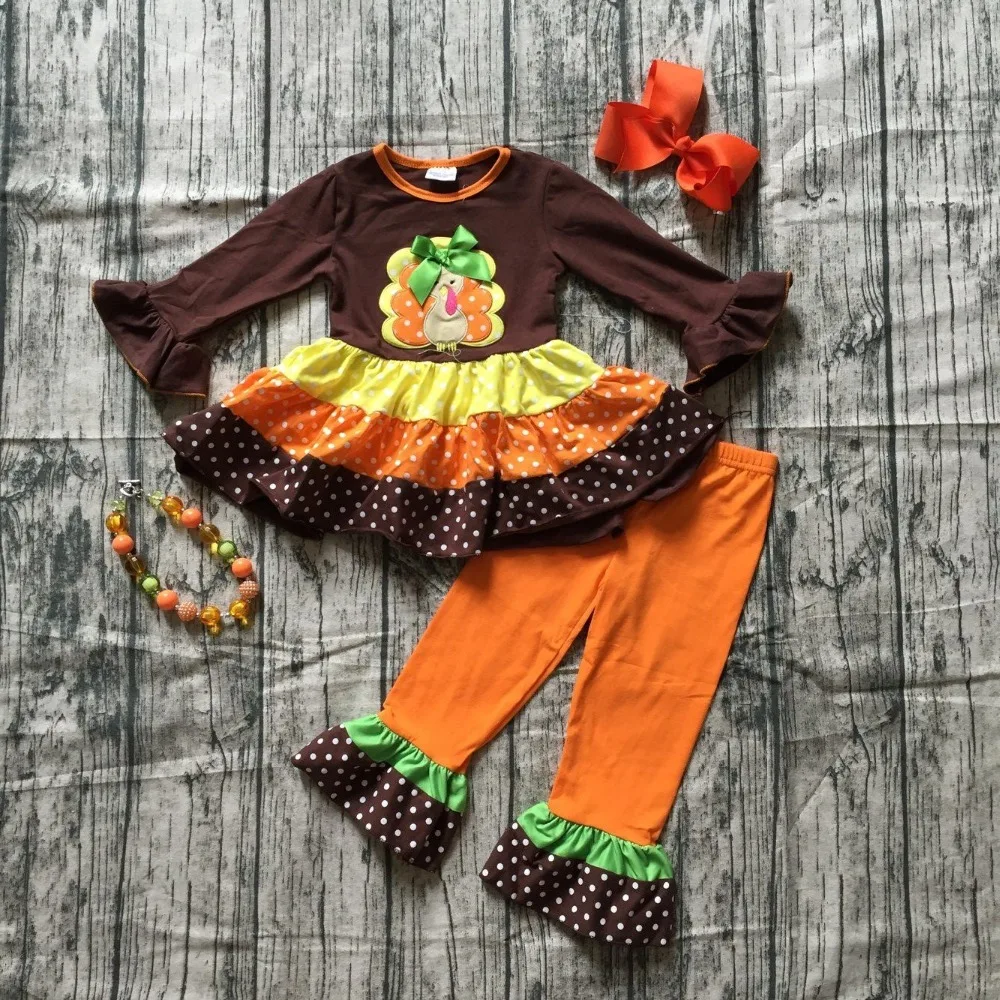 

autumn thanksgiving Fall/Winter baby girls brown orange turkey outfits polka dot pant clothes ruffle boutique match accessories