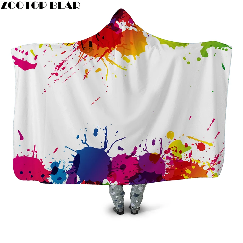 Watercolor Ink Splash 3D Printed Plush Hooded Blanket for Adult