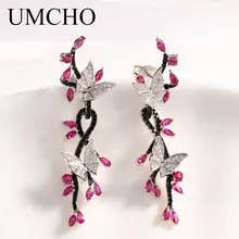 UMCHO Luxury Butterfly Real 925 Sterling Silver Jewelry Created Ruby Black Spinel Earrings Special Gifts For Women Fine Jewelry
