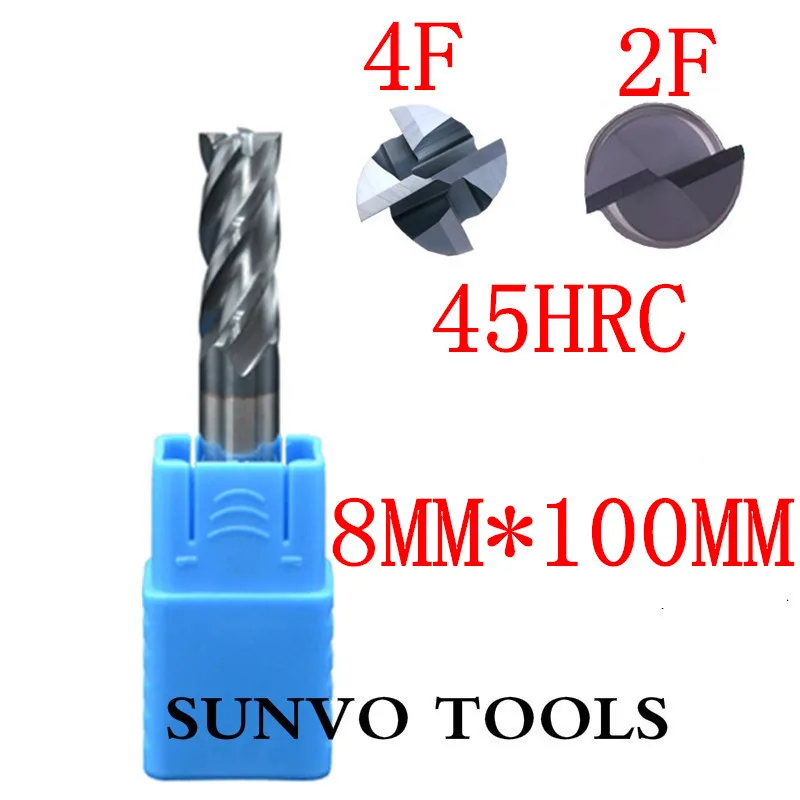 2PCS 4/2 flutes 8x100MM HRC45 HRC50 HRC55 HRC60 HRC65 8MM Tungsten Carbide End Mill R4 ball end End Mill Aluminum milling cutter