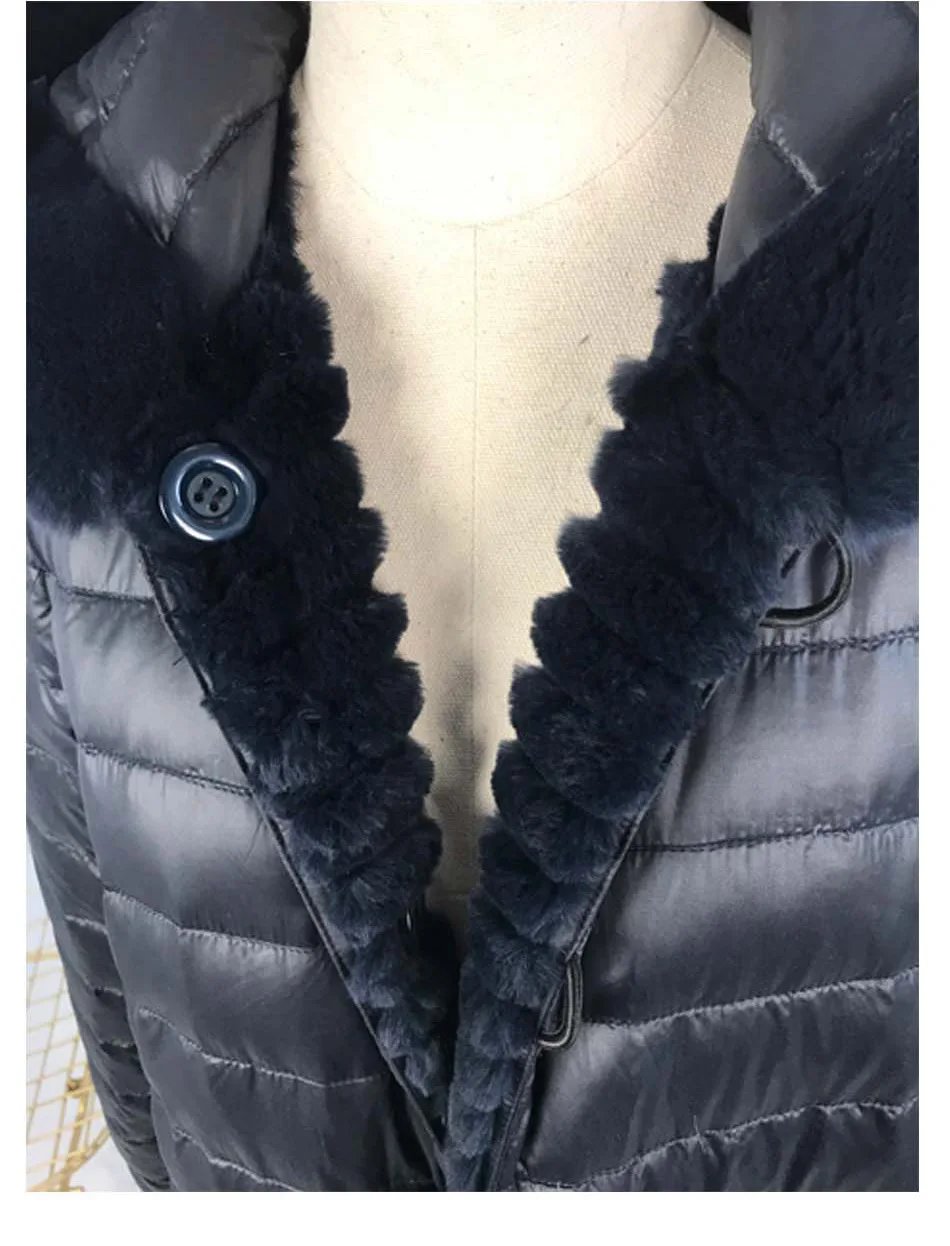 Женское пальто из натурального меха в тонкую полоску, натуральный настоящий мех кролика, длинное двухстороннее меховое пальто с пуховыми рукавами, теплое пуховое пальто