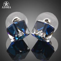 AZORA White Gold Color Stellux Austrian Crystal Blue Cube Stud Earring TE0021 2