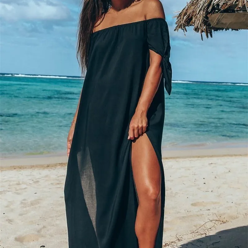 

Summer Women Dress Sexy Off Shoulder Short Sleeve Red Black Chiffon Dress High Split Long Maxi Beach Dress Sundress