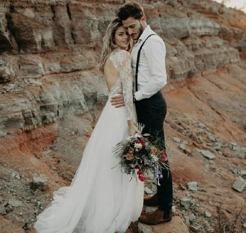 Beach Garden Boho Long Sleeve Wedding Dresses Western Country Style Sheer Lace Appliques Sexy Hollow Back Long Bohemian Bridal Gowns  139 (4)
